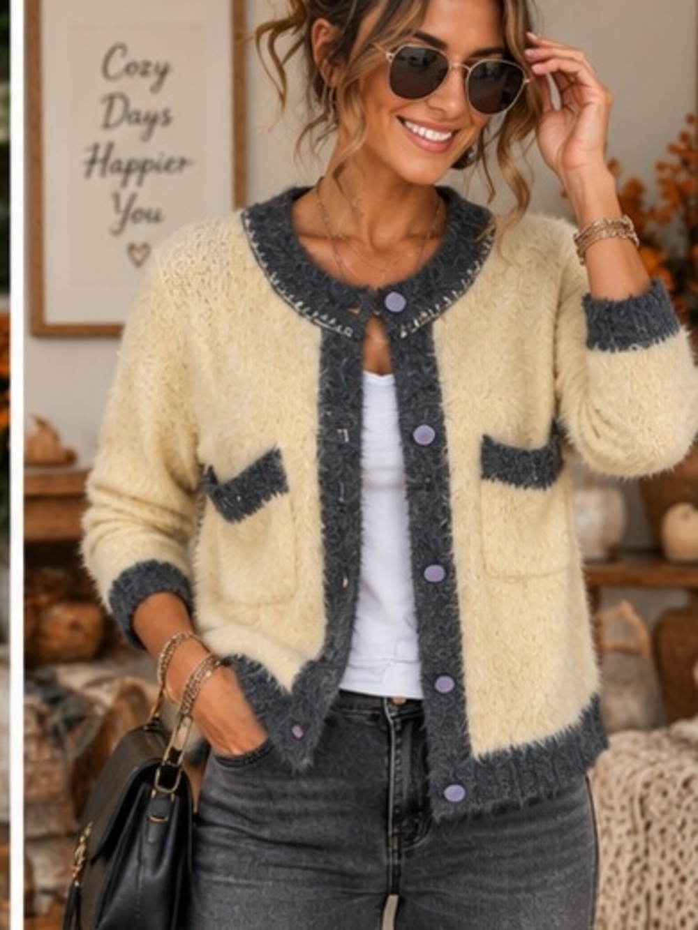 Magnolia Boutique Cream & Dark Grey Contrast Trim Fuzzy Knit Cardigan - Size Med
